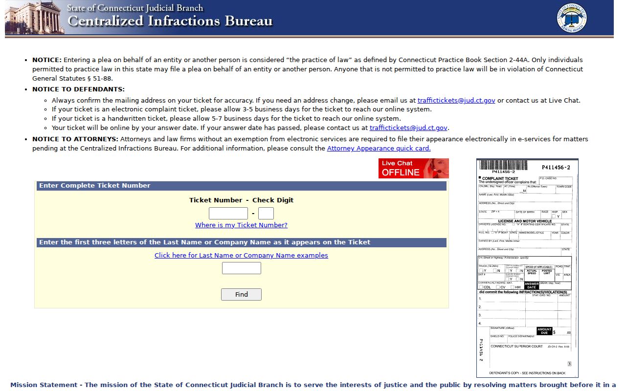 Connecticut online infraction ticket number and check digit form