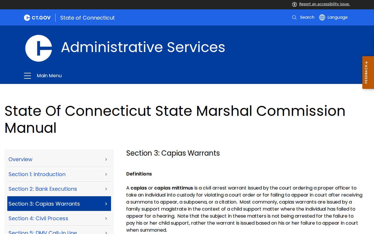 Connecticut State Marshal civil capias process for Hamden warrant records