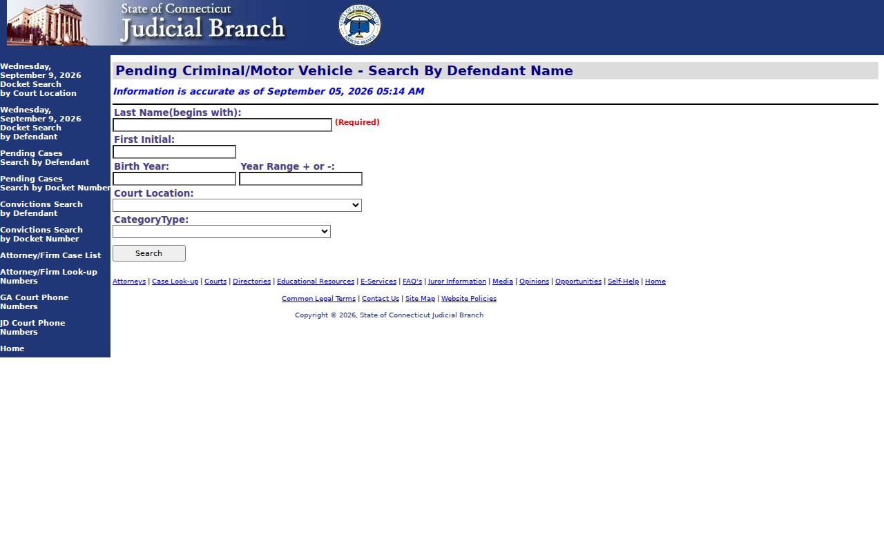Defendant search fields used for a Hamden County warrant search through Connecticut courts